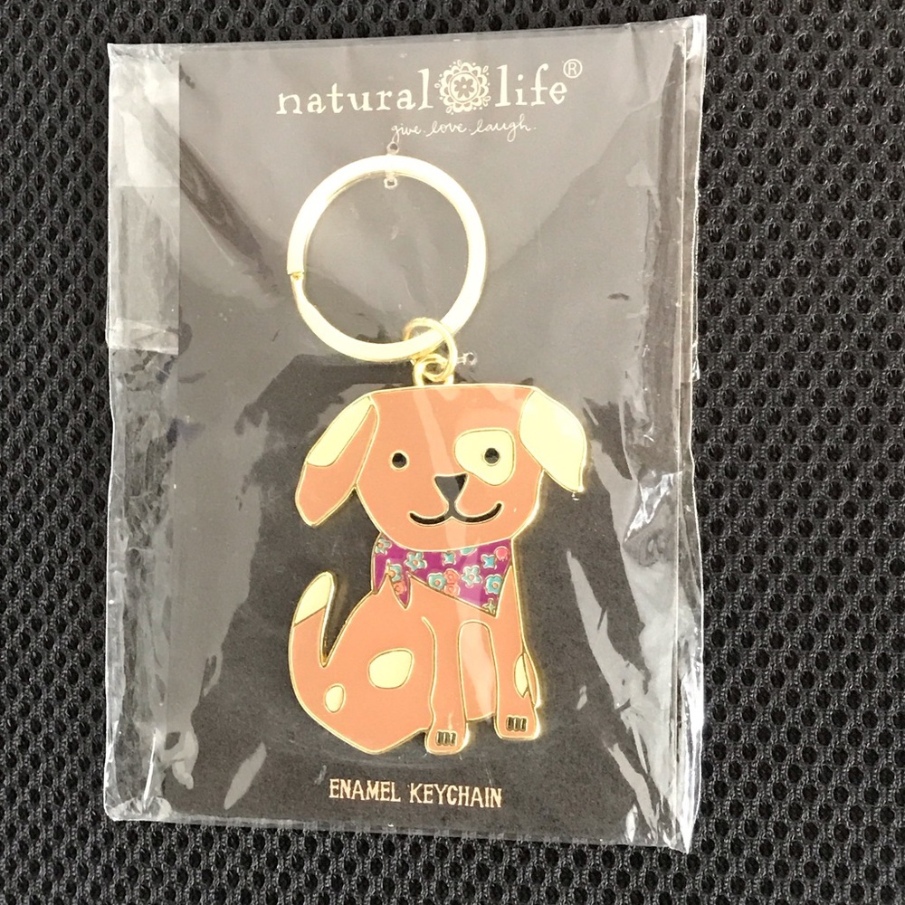 Natural Life Enamel Dog Keychain with Gold and Pink